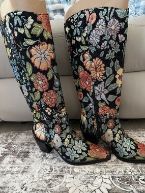 Jessica Simpson Black Floral Tapestry Over-the-Knee Boots